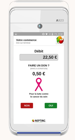 Terminal Nepting affichant la proposition de don pour Octobre Rose